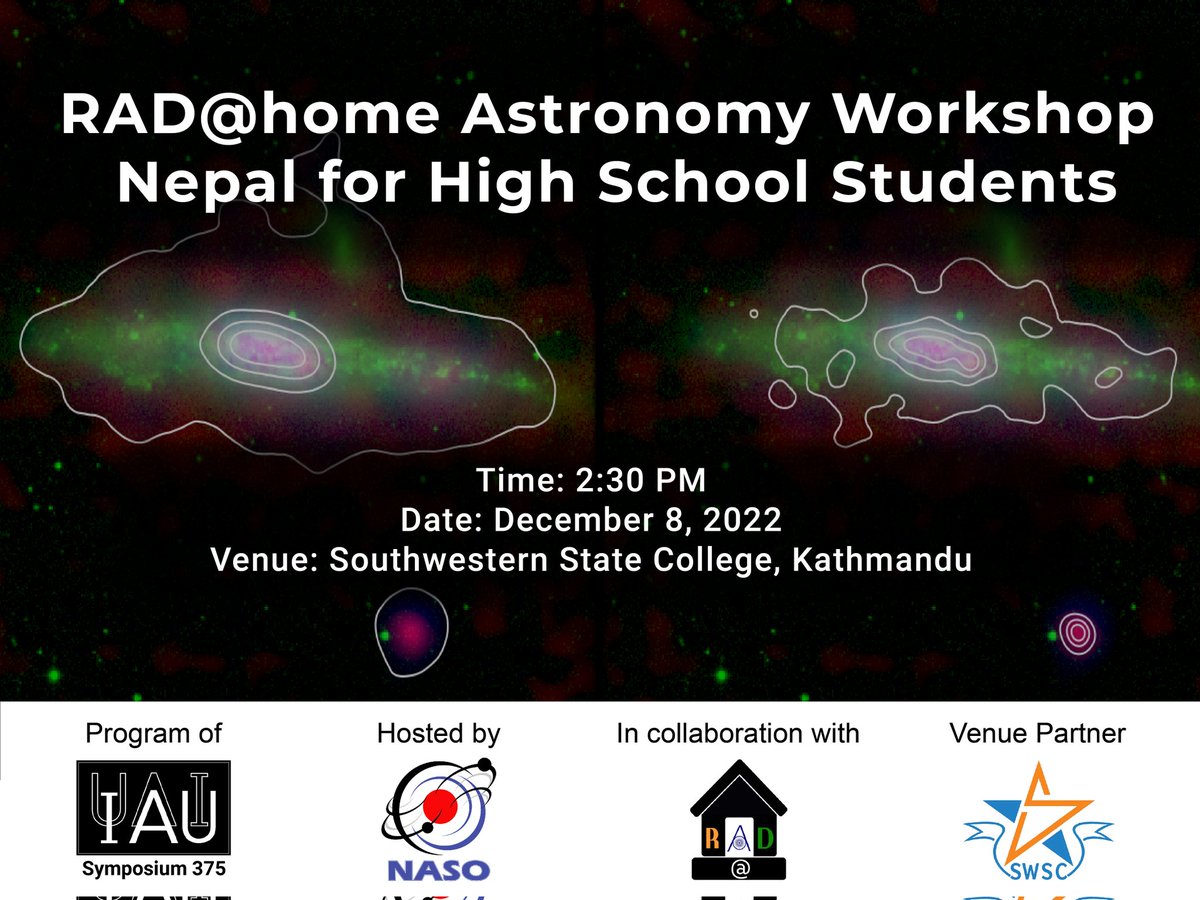 NASONepal's tweet photo. #Update
We are organizing 'RAD@home Astronomy Workshop Nepal for High School Students' at Southwestern State College, Basundhara, Kathmandu on December 8, 2022 as a part of IAUS375. #NASONepal #RADathome #IAUS375 #SWSC
For registration:
https://t.co/E4Q0Ebzt3B https://t.co/CeQ4g5SEG9