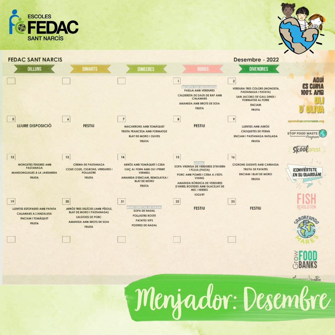 FEDACSantNarcis's tweet photo. Menú del mes de desembre.
Bon profit! 🥘🥗🍝
#menjador #menjadorescolar #scolarest #fedacsantnarcís #santnarcís #girona #gironès https://t.co/S80VXhmMxG