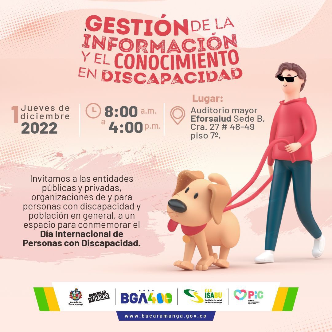 AlcaldiaBGA's tweet photo. Participa de nuestra agenda académica y conmemorativa en el Día Internacional de Personas con Discapacidad y ayúdanos a seguir construyendo una ciudad sin barreras, incluyente y transformadora 🚀.

¡Bucaramanga es una ciudad de oportunidades para todos y todas!😍 https://t.co/sT96yPn9DU