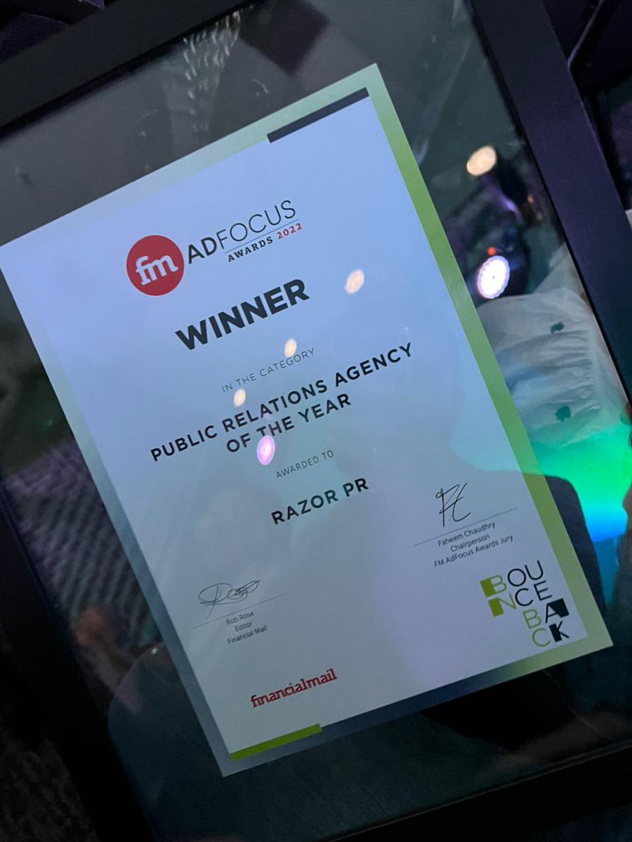 dustinchick's tweet photo. This evening Razor was makes PR Agency of the Year by the Financial Mail. what a remarkable team of remarkable people working with clients to build some of South Africa’s greatest reputations. What an immense privelage. Take a bow Team Razor what an achievement https://t.co/erfk5rGw6S