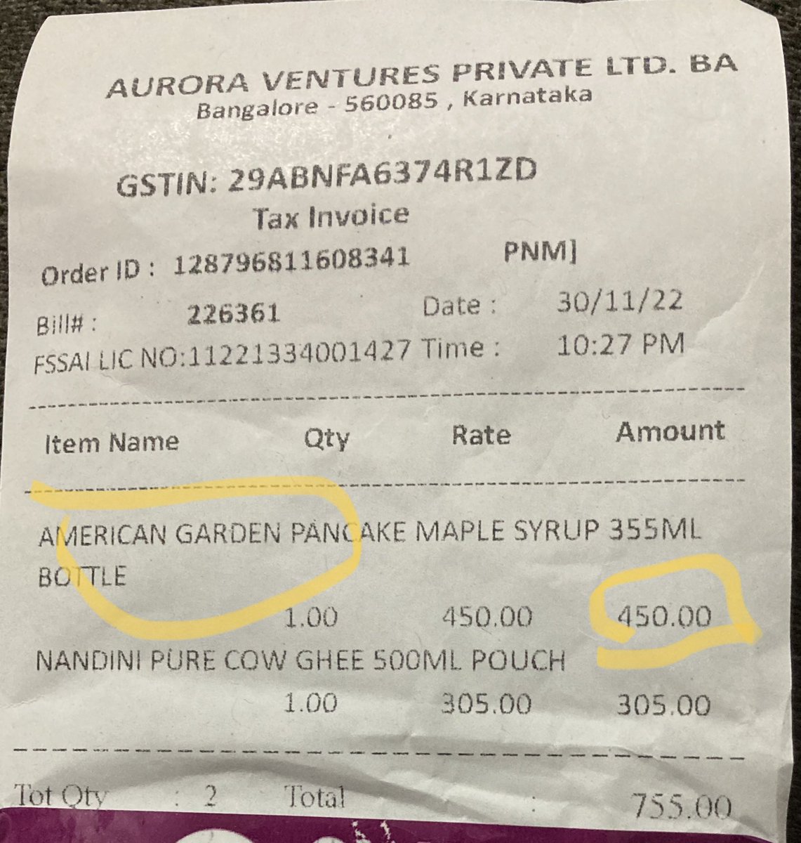 subramanivr's tweet photo. @SwiggyInstamart @Swiggy ordered items via Swiggy Instamart. There’s a huge disparity between the item billed and actual MRP! I cannot fathom out the reason behind this incorrect pricing. I’m completely flabbergasted! Could you care to explain? Item billed INR 450, MRP 349 https://t.co/oWlCrPb8hE