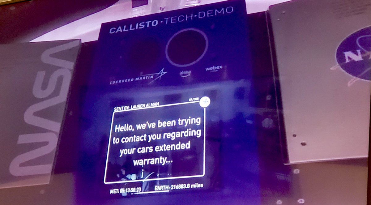 energetic_eng's tweet image. I love everyone on the Callisto team so much for actually sending my message @LMSpace !!!

216,883 miles from Earth. 

“Hello, we’ve been trying to contact you regarding your cars extended warranty…”

#artemis1 #callisto #webex @Webex #alexa @alexa99 #lmspace #nasa @NASA #Orion