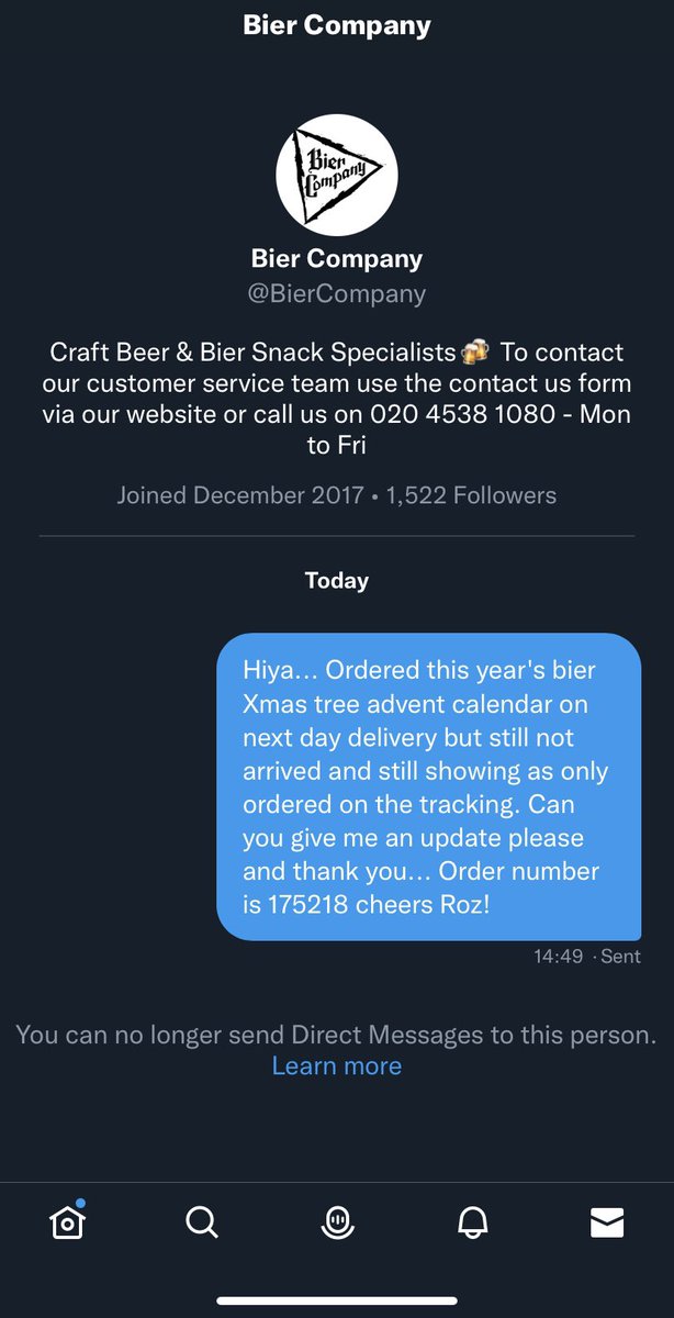 rozzalando's tweet photo. @BierCompany please can you confirm when I will receive my order... Still waiting for supposed 'next day delivery'! Have tried calling and sent a dm today but now blocked from sending anymore direct messages? Can I get an update please?! https://t.co/gBVo2VK3NF