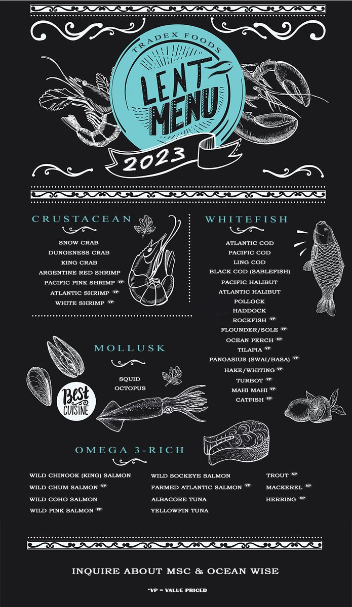 TradexFoods's tweet photo. THE 2023 LENT MENU ---- Sales during Lent have been reported to increase up to 20% over the 40 Days before Lent - AND Consumers typically purchase more seafood for the week instead of just on Fish Fridays...

Learn More about Lent 2023 @ https://t.co/N7Cj4iYa7C #LENT #FishFridays https://t.co/rsSzSdGzHk