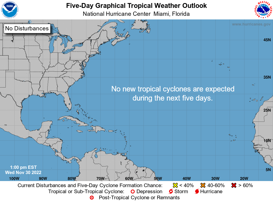NHC_Atlantic's tweet photo. 1pm EST 30 Nov -- Today is the Last Day of the 2022 North Atlantic Hurricane Season. 

Happy to report it remains quiet in the tropics today with no tropical cyclones expected during the next 5 days. 

https://t.co/QnemzPKS0D https://t.co/lzSCE4SLZY