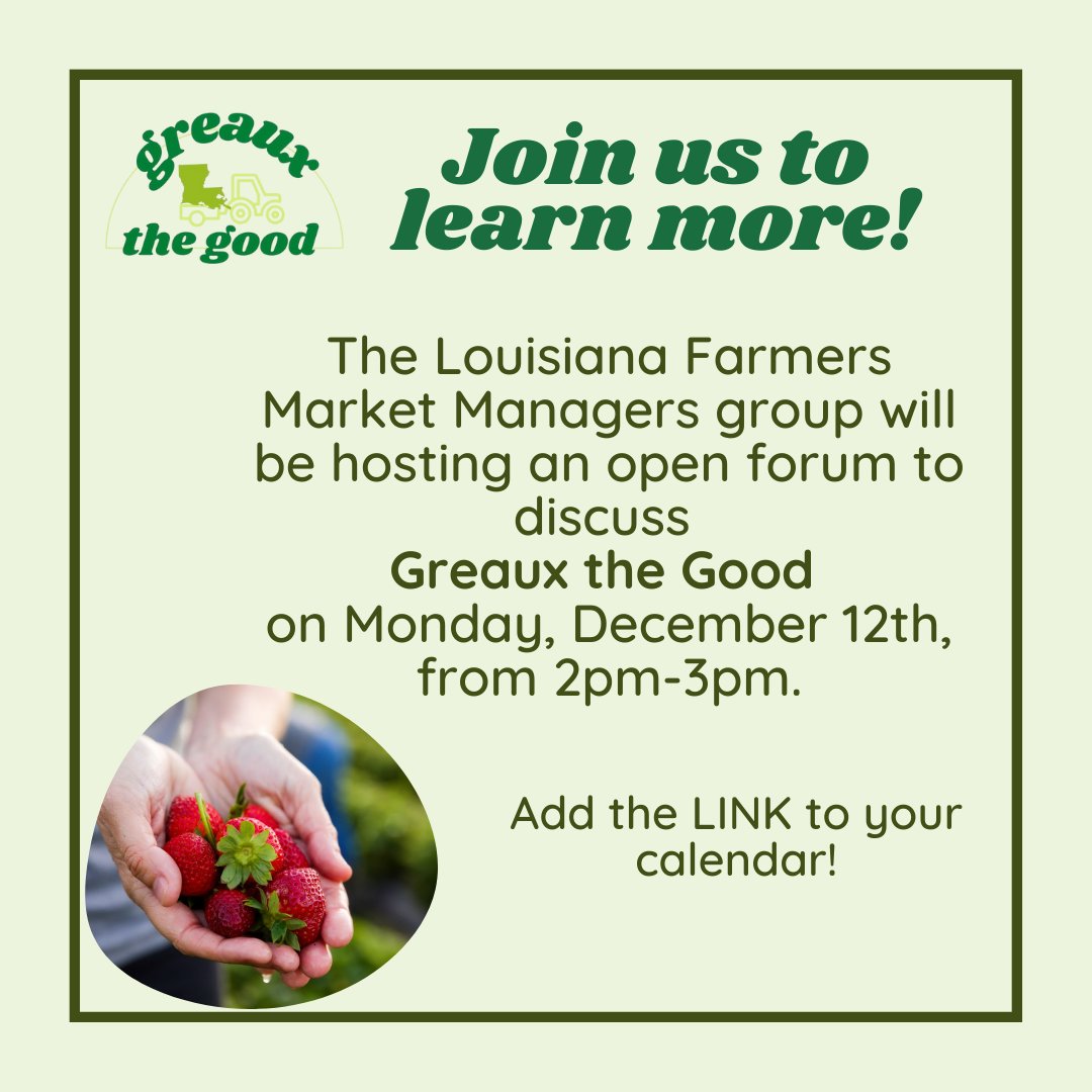 GreauxtheGoodLA's tweet photo. Greaux the Good is Louisiana’s new statewide Market Match nutrition incentive program. Join us on Monday, 12/12, from 2-3 pm, for a virtual informational session. We will be discussing Greaux the Good and answering any program-related questions. Link in bio!
#buyfreshbuylocal https://t.co/NWNLDvQuu8