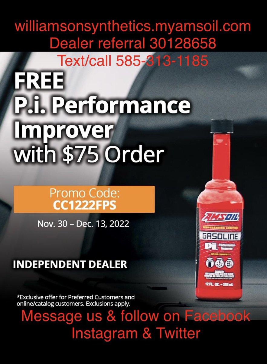 Here is a great #promo from #amsoil
Proven fuel system treatment that provides noticeable gains! Enter code at checkout & be sure to use dealer referral 30128658
#amsoilpi #fueltreatment #injectorcleaner #williamsonsynthetics