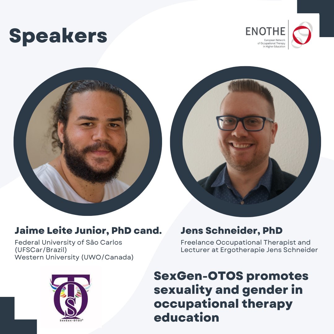 SexgenO's tweet photo. The network coordinators Jaime Daniel Leite Junior and Dr Jens Schneider will present the topic "SexGen-OTOS promotes sexuality and gender in occupational therapy education" at the ENOTHE webinar on 1 December 2022: https://t.co/oO7B5C3evp. See you there! ☺️ https://t.co/XckuKT95K8