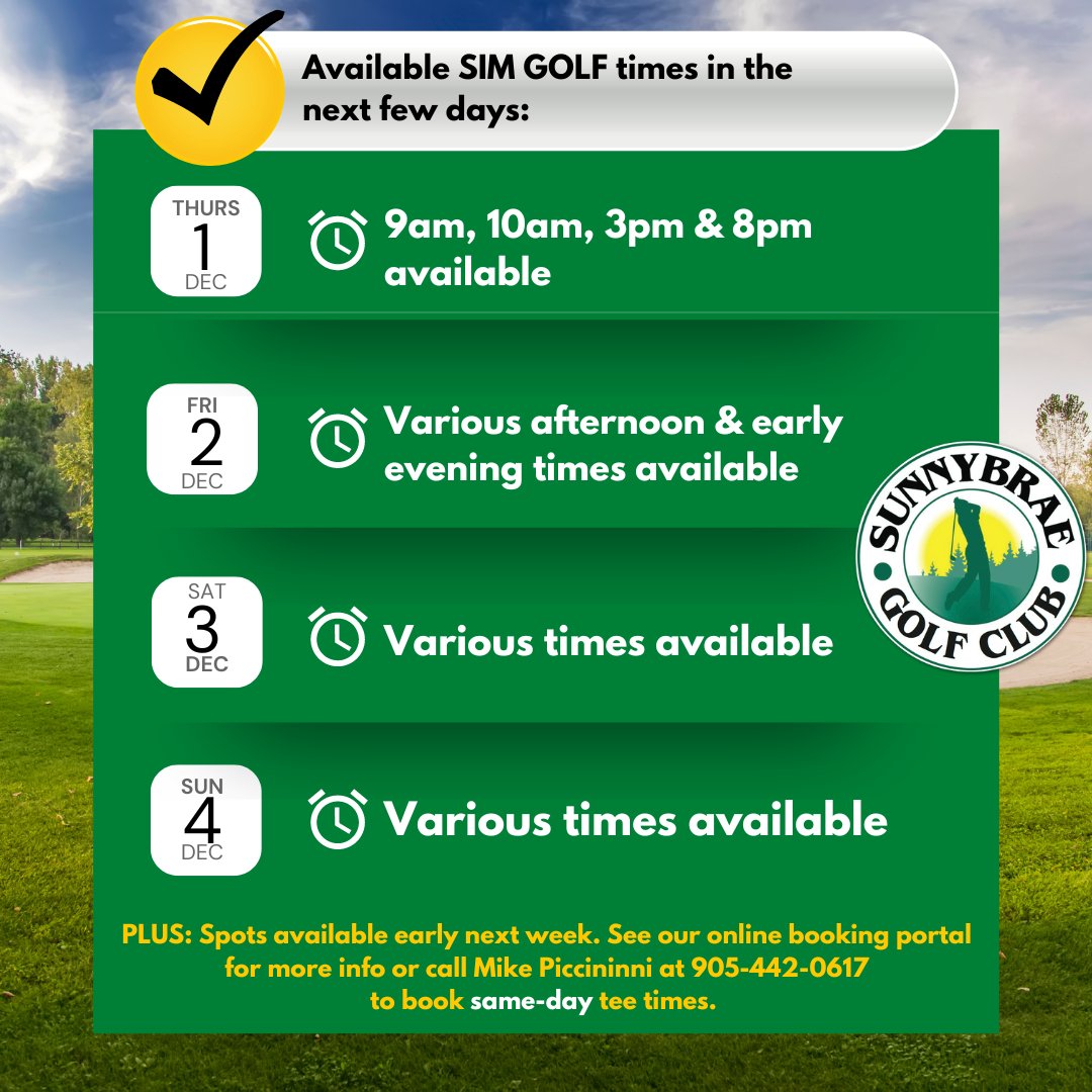 Come golf inside! We have some 1-hour (or more!) slots in the next few days. See the availability here &amp; book your spot: ⛳ sunnybraegolfclub.com/book-a-golf-si…

Call Mike Piccininni at 905-442-0617 to book a same-day tee time.
#indoorGolf #golfSim #golf #golfsimulator #PortPerry