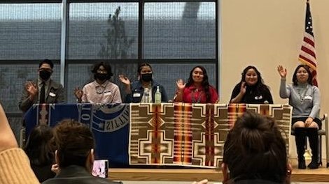 Cibola_Senate's tweet photo. Cibola JAG Officers—Dir. of Career Development, Vantora Fernandez; Dir. of Civic Awareness, Jasmine Mitchell; and Dir. of Community Service, David Notah, participated as panelists on Tuesday at the First Annual Urban Indigenous Education Summit. #CibolaJAG https://t.co/sId45JOp52