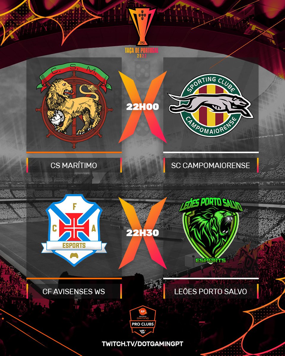 Quarta-feira é sinónimo do melhor Pro Clubs 🇵🇹!
Hoje fica decidido quem passa à fase final!

🏆Taça de Portugal VPG Powered by 
<a href="/radiopopularPT/">Radio Popular</a>

 ⌚️22H00 - CS Marítimo x SC Campomaiorense
 
 ⌚️22H30 - CF Avisenses WS x Leões Porto Salvo

 📺twitch.tv/dotgamingpt

#VPGPortugal
