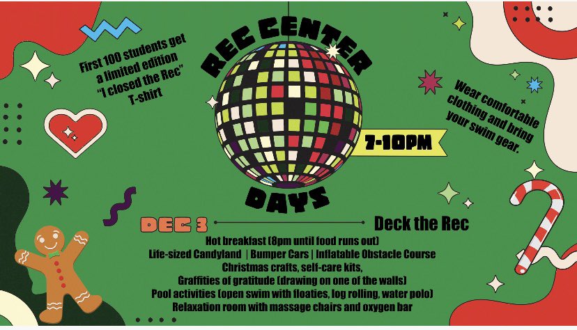 LateNightMU's tweet photo. Can’t come Friday? No worries! Come Saturday to deck the rec! See you at 7pm-10pm at the Rec!!!😊 https://t.co/x77IXWBs9E