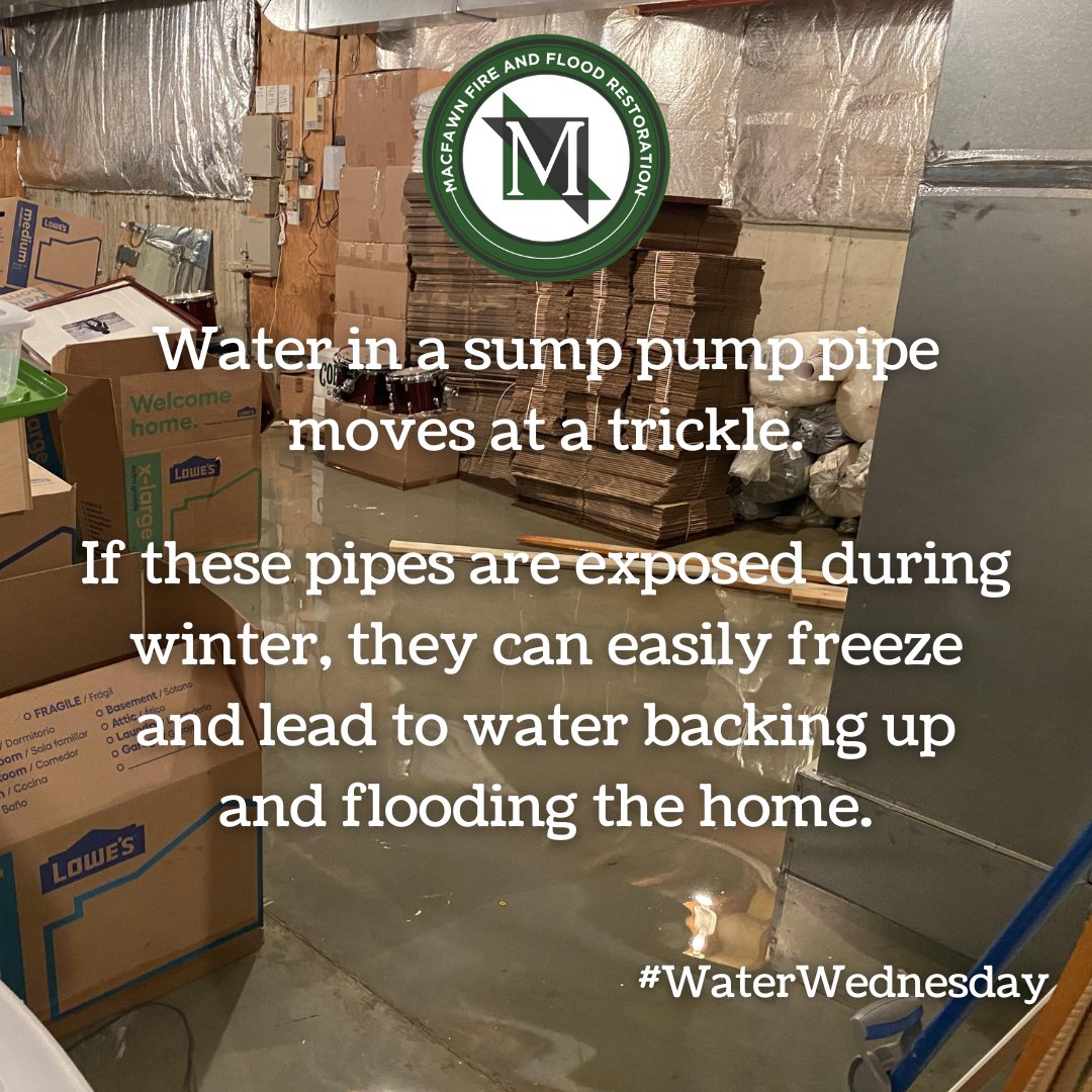 Sump pump failure is one of the leading causes of house floods in the winter. Be sure that your pipes are clear before the temperatures drop below freezing, or you might wake up with a skating rink in your basement!

#WaterRestoration #WaterWednesday #SumpPumpFailure #WinterWoes