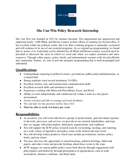 She_Can_Win's tweet photo. She Can Win is hiring! Please share this opportunity with any sophomore, junior, or senior college student looking for an internship this winter and/or spring. The deadline to apply is Dec. 9th! https://t.co/6QgqxIIEoX