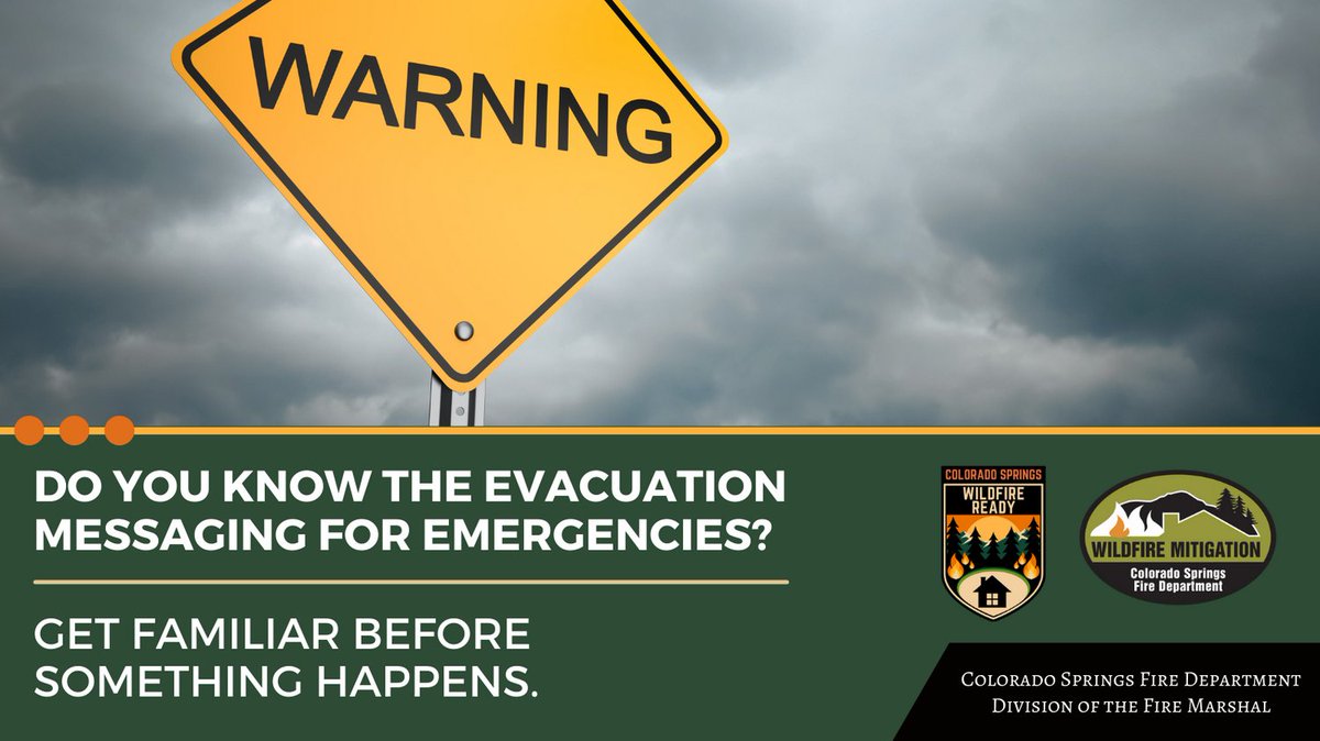 CSFDPIO's tweet image. WILDFIRE WEDNESDAY🔥
Evacuation messages are different depending on the emergency. Make sure to know what each message means.
Evacuation messaging: coswildfireready.org/critical-evacu…
Sign up for emergency notifications: peakalerts.org
#WildfireWednesday #COSReady #COSWildfireReady