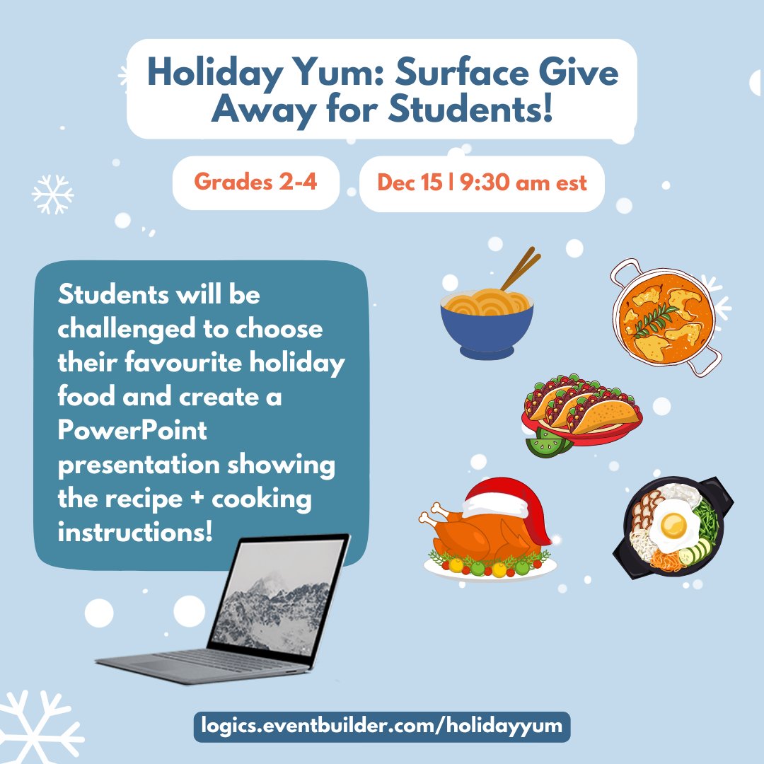 One lucky Grade 2 – 4 student can win a <a href="/surface/">Microsoft Surface</a> device, and every other wonderful student can learn to make <a href="/powerpoint/">PowerPoint</a> on their favourite holiday foods! Sign up for the student workshop here: logics.eventbuilder.com/event/67927?so… @MicrosoftEduCA