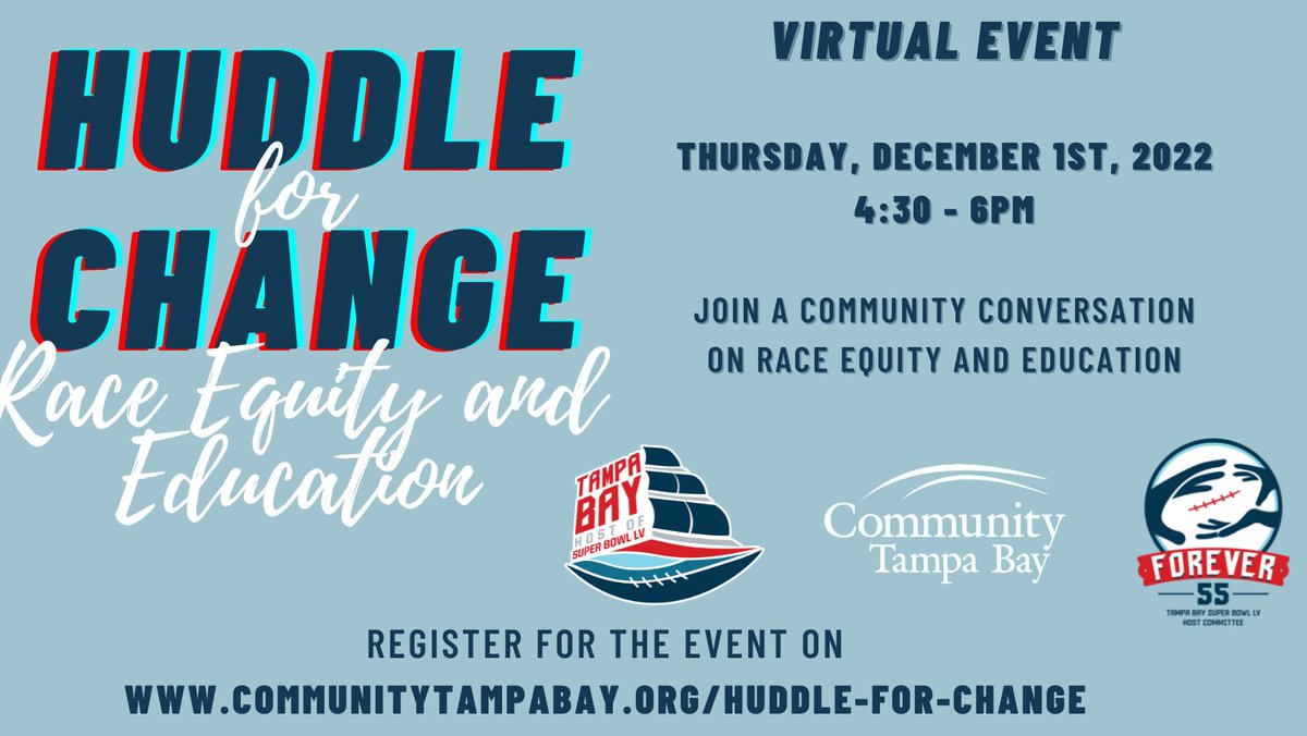 The #TampaBayLV #Forever55 community impact story continues tomorrow (12/1) as Community Tampa Bay hosts its fifth and final Huddle for Change virtual event with an incredible panel! 

Join the convo w/ Roderick Fludd, Leah McRae and Caprice Edmond ➡️ docs.google.com/forms/d/e/1FAI…