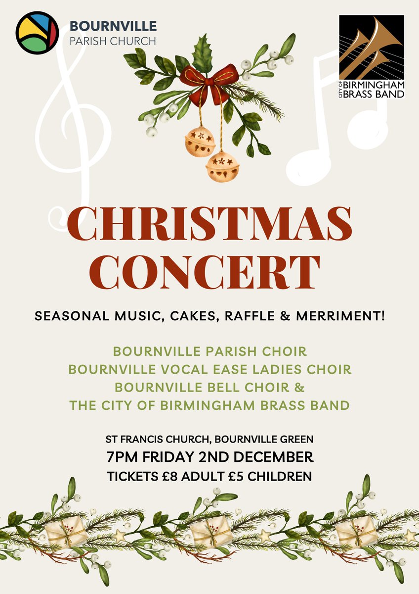 BvilleParish's tweet photo. Christmas is coming! Join us for a festive concert with local choirs and the City of Birmingham Brass Band. This Friday at 7pm. 
Tickets available from the parish office: enquiries@bournvilleparishchurch.org.uk or 0121 472 7215 (Ext. 2) https://t.co/kmTfi73KMV