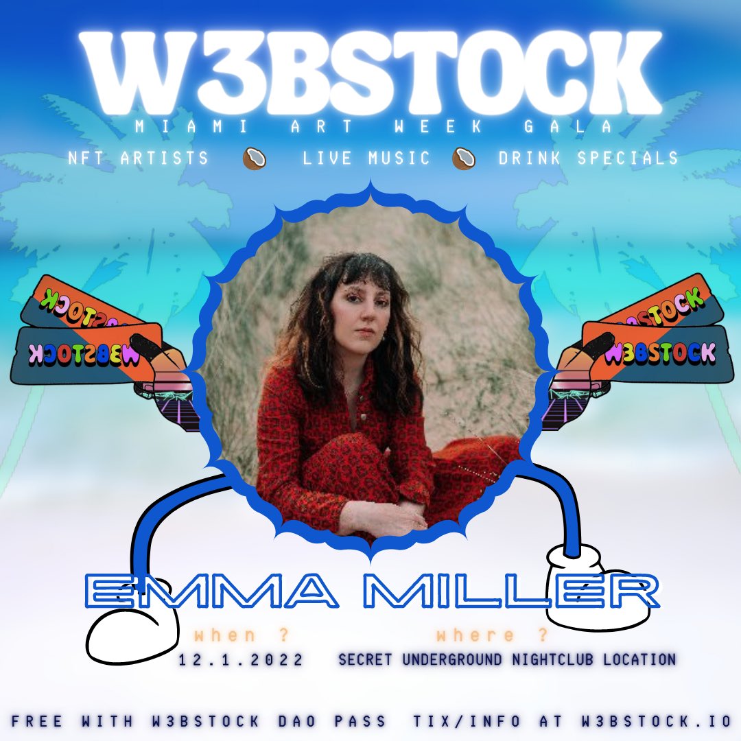 ☮️ #ARTISTSPOTLIGHT ☮️

🎙️@ohemmamiller will perform live IRL at W3BSTOCK Miami on 12/1

💃Art/Music Gala

🤩 Immersive Video Mapping

🪩 Stunning Secret Location

🎟️ FREE with your W3BSTOCK DAO Pass | Mint: w3bstock.io