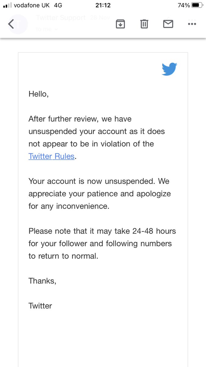 Macca_0161's tweet photo. So this was the email I got once I appealed, it was literally the next day and I got my account back which had been suspended for about 3 years.

It had been suspended by the Twitter commies for political reasons as I had not broken any teams and conditions.

Complete scumbags! https://t.co/Rwm0OjsDmw