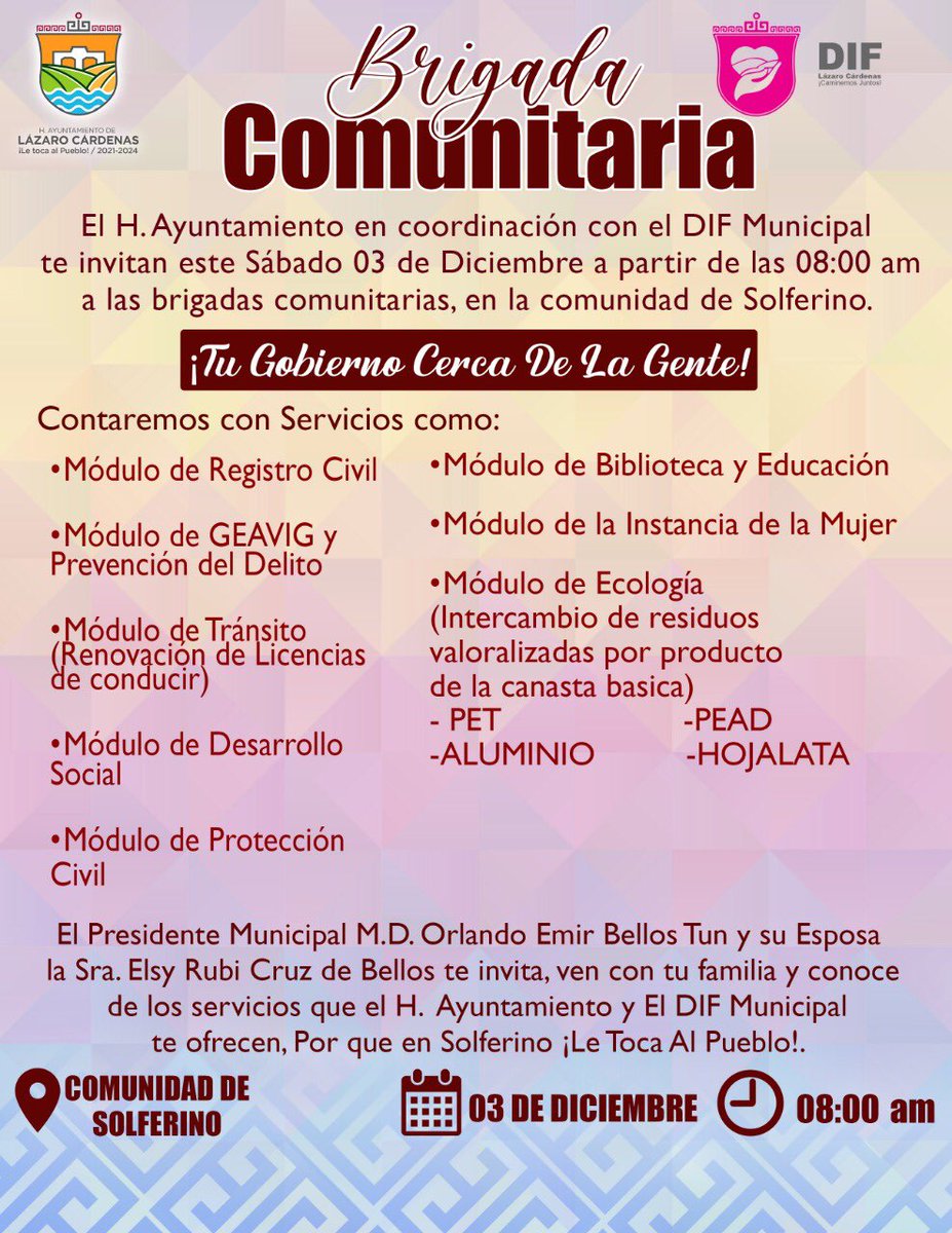 📣 El H. Ayuntamiento de Lázaro Cárdenas en Coordinación con el DIF invita a los habitantes de la Comunidad de Solferino a las “Brigadas comunitarias” 

📅 Sábado 3 de Diciembre. 
📍 Comunidad de Solferino. 
⏰ 8:00 AM. 

Ayuntamiento de Lázaro Cárdenas 2021-2024
#LeTocaAlPueblo