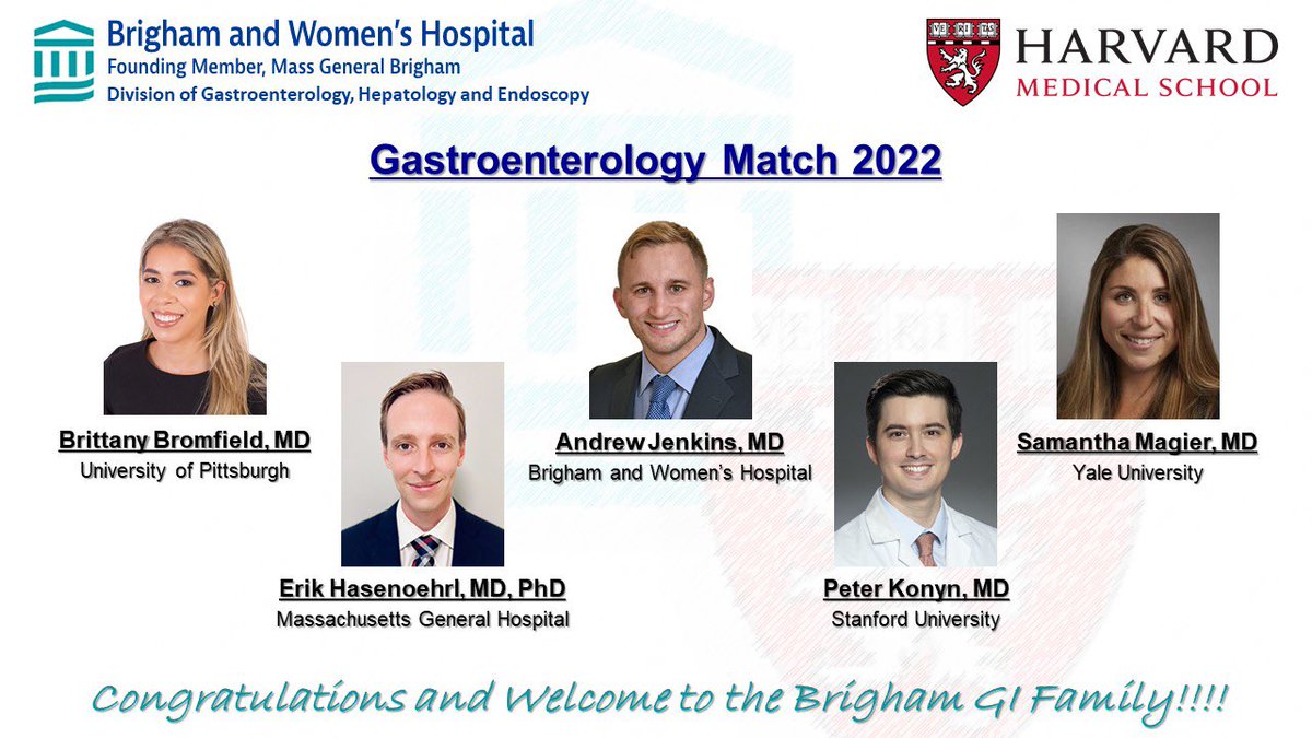 We are excited to announce our incoming class of #BrighamGI fellows in July 2023! 🎉🍾 #GIMatch These amazing 🌟 and talented #futureofGI will join us from: @PittDeptofMed @mghmedres @BrighamMedRes @StanfordMedRes @YaleIMed Welcome to the @BrighamWomens @harvardmed family!