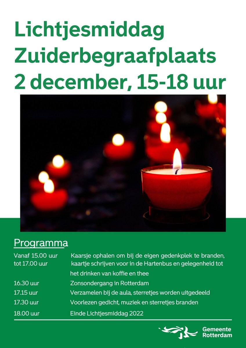 Zien we je aanstaande vrijdag bij de Lichtjesmiddag op de Zuiderbegraafplaats, Slinge 50 in Rotterdam? Iedereen is welkom, vooraf aanmelden is niet nodig.