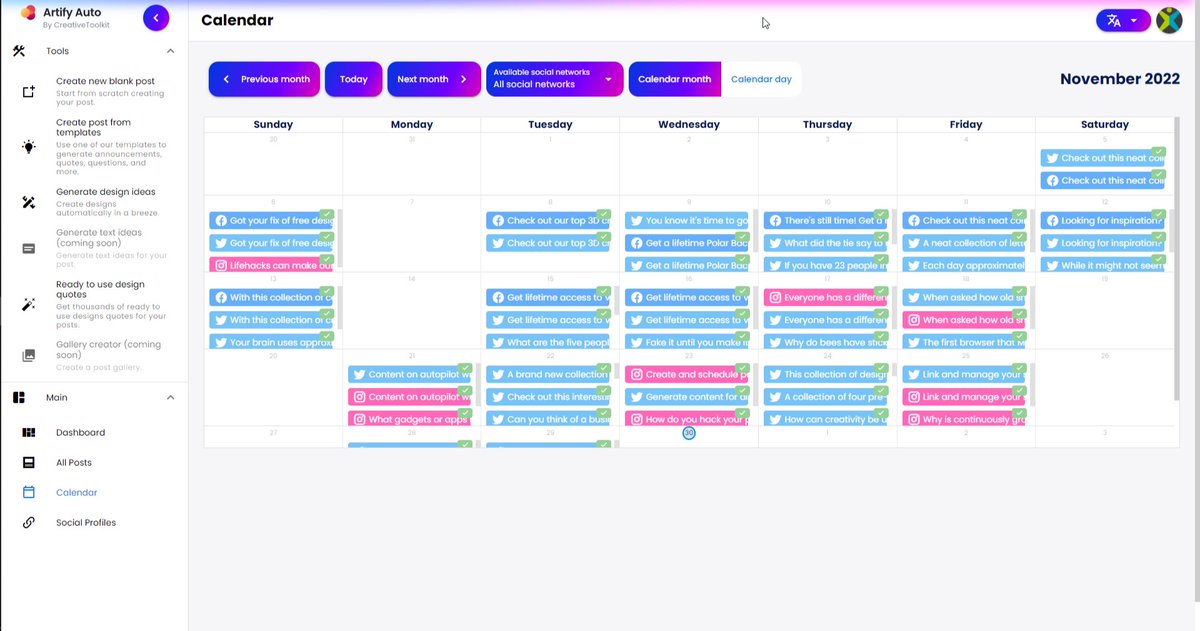 ArtifyCrew's tweet photo. With Artify 2.0 you get a bird's eye view of your social media content schedule. Check when and where each post was or will be published, filter view for each Social Network, and schedule new content easily

Join us, we have cookies! Check it out here 👇🏼
https://t.co/yJQuqc9UQo https://t.co/n7bchd4scP