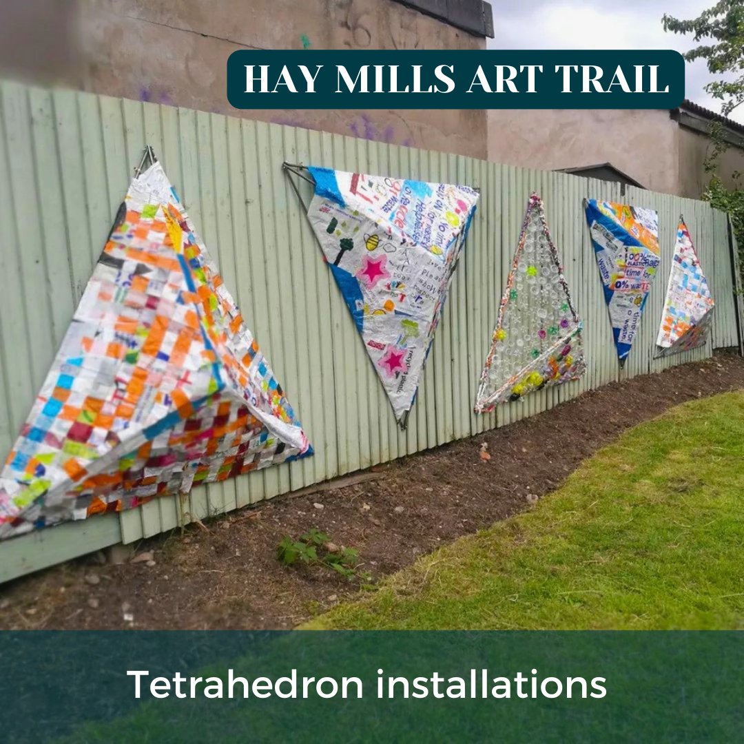 ArtsInTheYard's tweet photo. Have u seen our set of #tetrahedron installations in our #HayMillsArtTrail? #Artist Ildiko ran a series of #upcycling #workshops with local residents. They explored #upcycling through #collage #weaving &amp; #plaiting. The pieces were then melted &amp; attached to metal frames. #HayMills https://t.co/SumBexfQZS