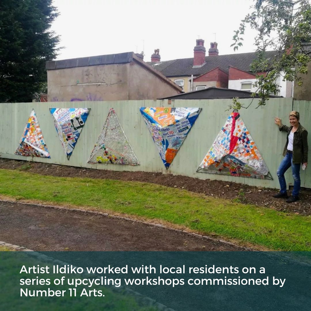 ArtsInTheYard's tweet photo. Have u seen our set of #tetrahedron installations in our #HayMillsArtTrail? #Artist Ildiko ran a series of #upcycling #workshops with local residents. They explored #upcycling through #collage #weaving &amp; #plaiting. The pieces were then melted &amp; attached to metal frames. #HayMills https://t.co/SumBexfQZS