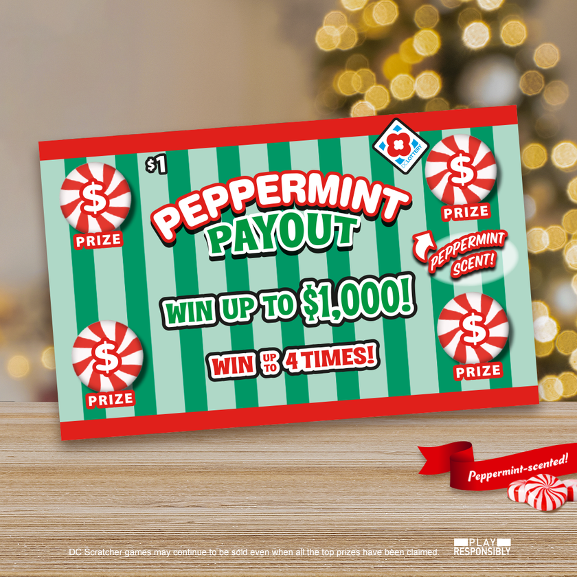 DCLottery's tweet photo. Peppermint Payout is now available at your favorite DC Lottery retailer. Instantly win up to 4 times on this peppermint scented scratcher. #ItsFunToPlay https://t.co/PQhOuXpw9n