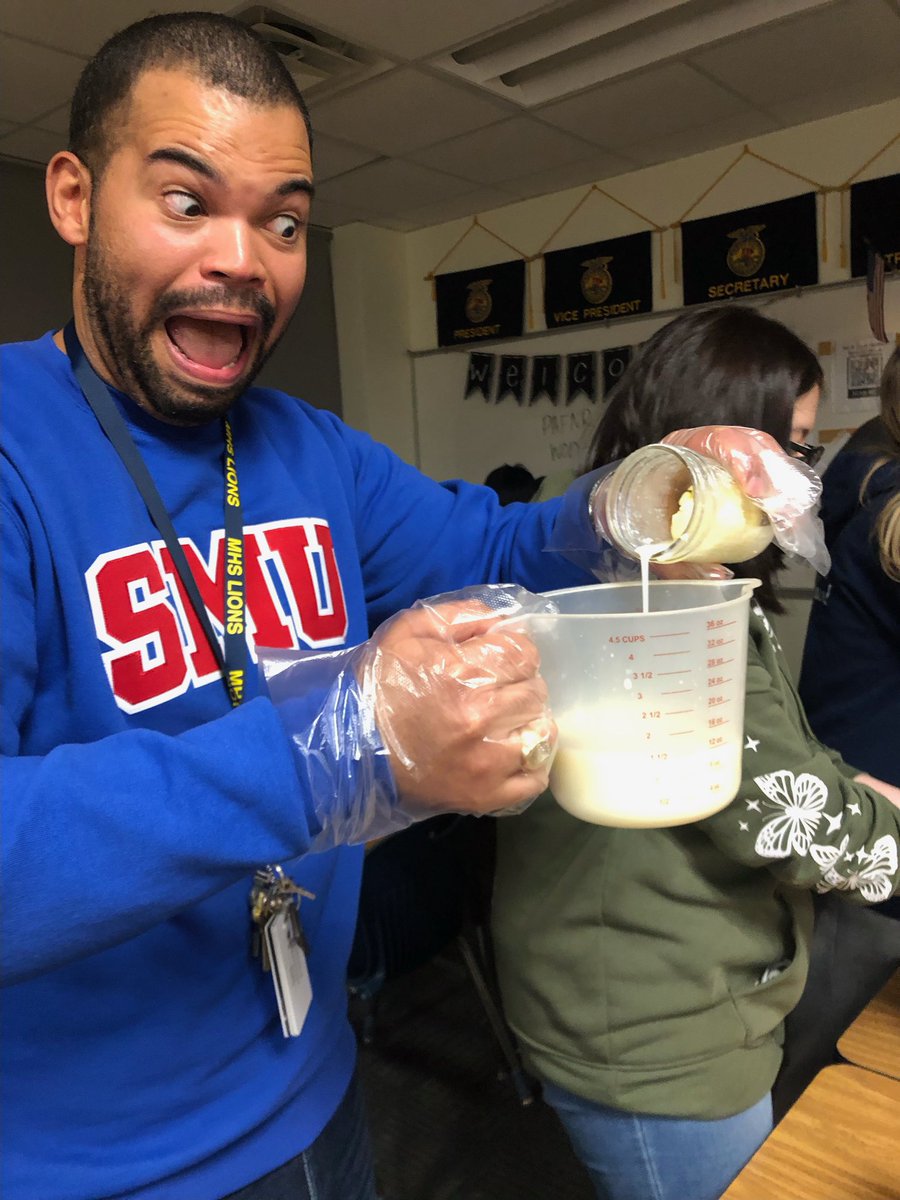 Justin_D_James's tweet photo. You don’t have to butter me up to learn! Today, @aleader03 and I learned to make butter in Principles of Agriculture with our hands! @MHSLions 🧈 😂 #CTExcellence #YouBelongAtMHS #LionsAreLearning https://t.co/VKfzVcq4ip