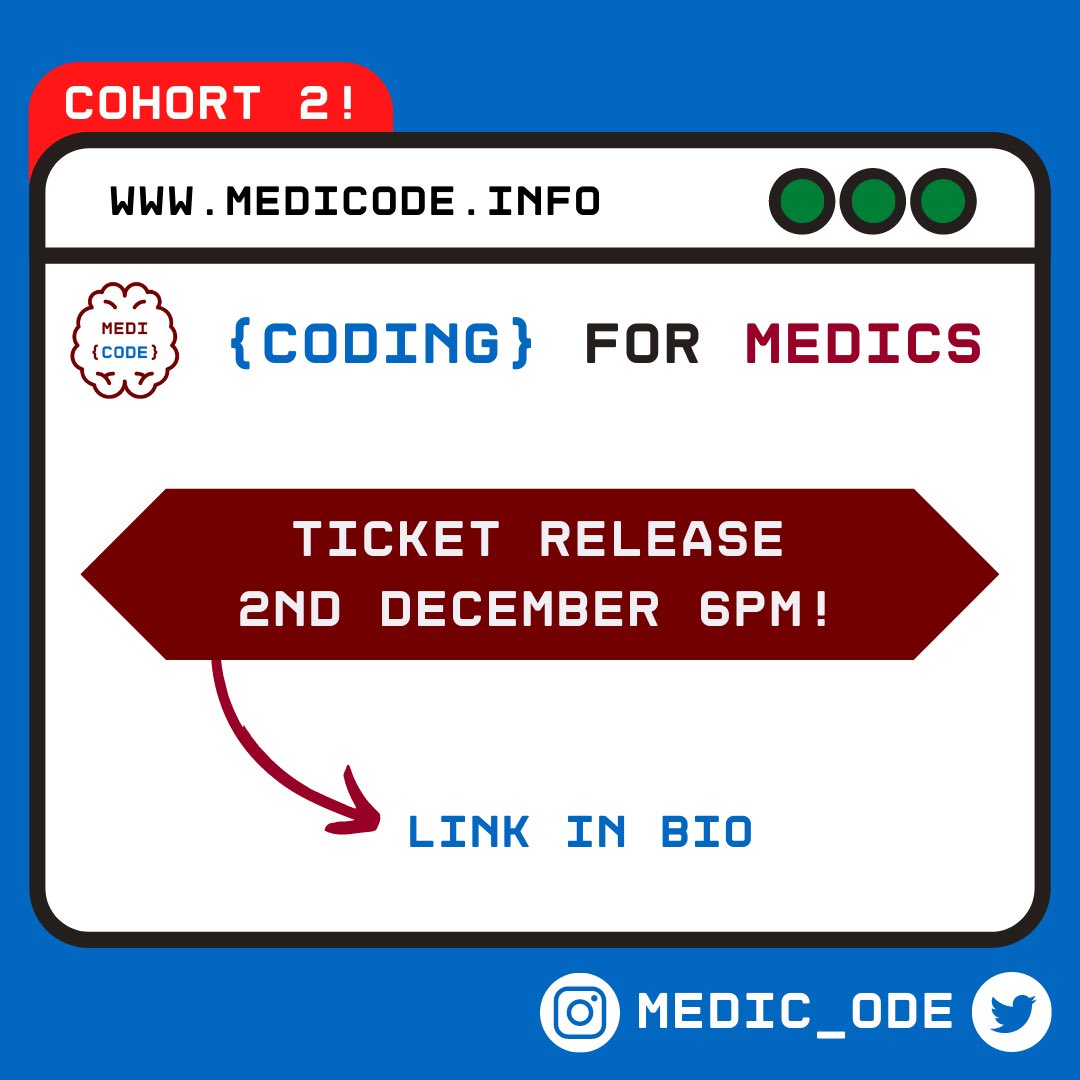 🚨 TICKET RELEASE 🚨 Tickets for our online Coding for Medics crash course will be released THIS FRIDAY 2nd December at 6pm! If you’re a medic wanting to expand your skillset by learning to code in Python, don’t miss out on yours! Link 👉🏻 eventbrite.com/e/coding-for-c…