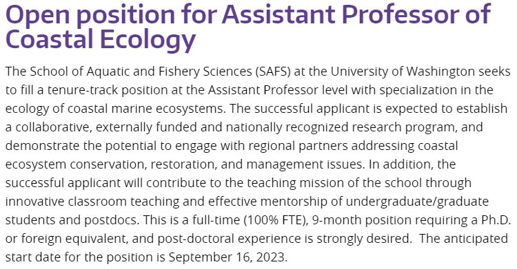 Come and join me! Assistant Prof in Coastal Ecology with me at the School of Aquatic and Fishery Sciences, Univ Washington
<a href="/UW_SAFS/">UW SAFS</a> <a href="/UWEnvironment/">UW College of the Environment</a> 
#jobs 
fish.uw.edu/2022/10/open-p…