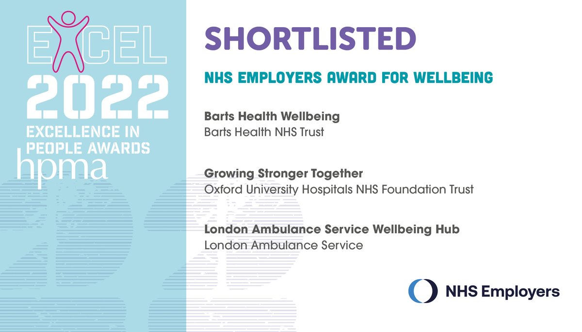 HPMAAwards's tweet photo. Lots of luck to the finalists in the @NHSEmployers
Award for Wellbeing - can't wait to celebrate with you! @NHSBartsHealth @OUHospitals
@Ldn_Ambulance #HPMAAwards https://t.co/5hAFM5ROto