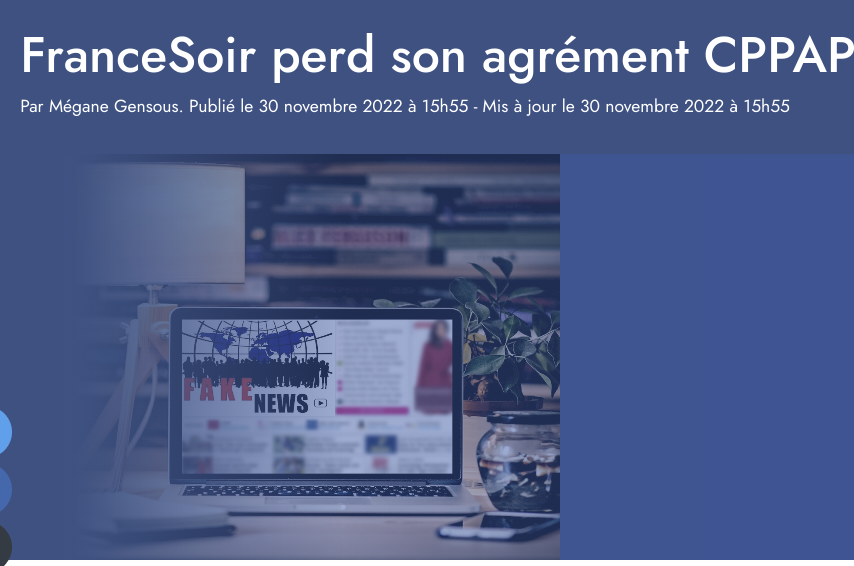 HugonetX's tweet photo. France-Soir perd son agrément.
Le 30/11, la commission a décidé de ne pas renouveler le statut de presse (ouvrant droit aux aides) pour "défaut d'intérêt général", dont sa #desinformation #Covid19.
#FranceSoir n'est plus un journal.
#Azalbert #XavierAzalbert #FactsAndFurious https://t.co/e2uKSeIt5j