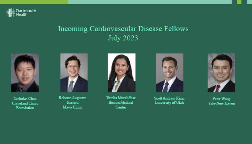 Dartmouth Cardiovascular Fellowship Program (@dhcvfellowship) on Twitter photo We are so excited to welcome our next class of #cv #fellows to <a href="/DHCVFellowship/">Dartmouth Cardiovascular Fellowship Program</a> <a href="/DHHeartVascular/">Dartmouth-Hitchcock Heart and Vascular Center</a> . We can’t wait to meet everyone! <a href="/DrMarkCreager/">Mark Creager</a> <a href="/CynthiaTaub/">Cynthia Taub</a> <a href="/DadekianGreg/">Greg Dadekian</a> <a href="/mnyoung1/">Michael Young</a> @CapnIntrvention <a href="/DeVriesJt/">James T. DeVries, MD</a> <a href="/stanhenkin/">Stanislav Henkin</a> We are so excited to welcome our next class of #cv #fellows to <a href="/DHCVFellowship/">Dartmouth Cardiovascular Fellowship Program</a> <a href="/DHHeartVascular/">Dartmouth-Hitchcock Heart and Vascular Center</a> . We can’t wait to meet everyone! <a href="/DrMarkCreager/">Mark Creager</a> <a href="/CynthiaTaub/">Cynthia Taub</a> <a href="/DadekianGreg/">Greg Dadekian</a> <a href="/mnyoung1/">Michael Young</a> @CapnIntrvention <a href="/DeVriesJt/">James T. DeVries, MD</a> <a href="/stanhenkin/">Stanislav Henkin</a>