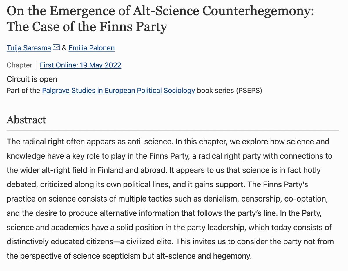 🪟🌟 In May 2022, #HEPPster <a href="/epalonen/">Dr. Emilia Palonen, she/hän 💙💛</a> &amp; <a href="/tuijasaresma/">Tuija Saresma</a> analyzed "The Emergence of Alt-Science Counterhegemony" at the case of the Finns Party in an exiting volume on #populism and #science in #Europe edited by <a href="/handesz/">Hande Eslen-Ziya</a> &amp; <a href="/gi_albe/">Alberta Giorgi</a> link.springer.com/chapter/10.100…

#HEPPsters2022