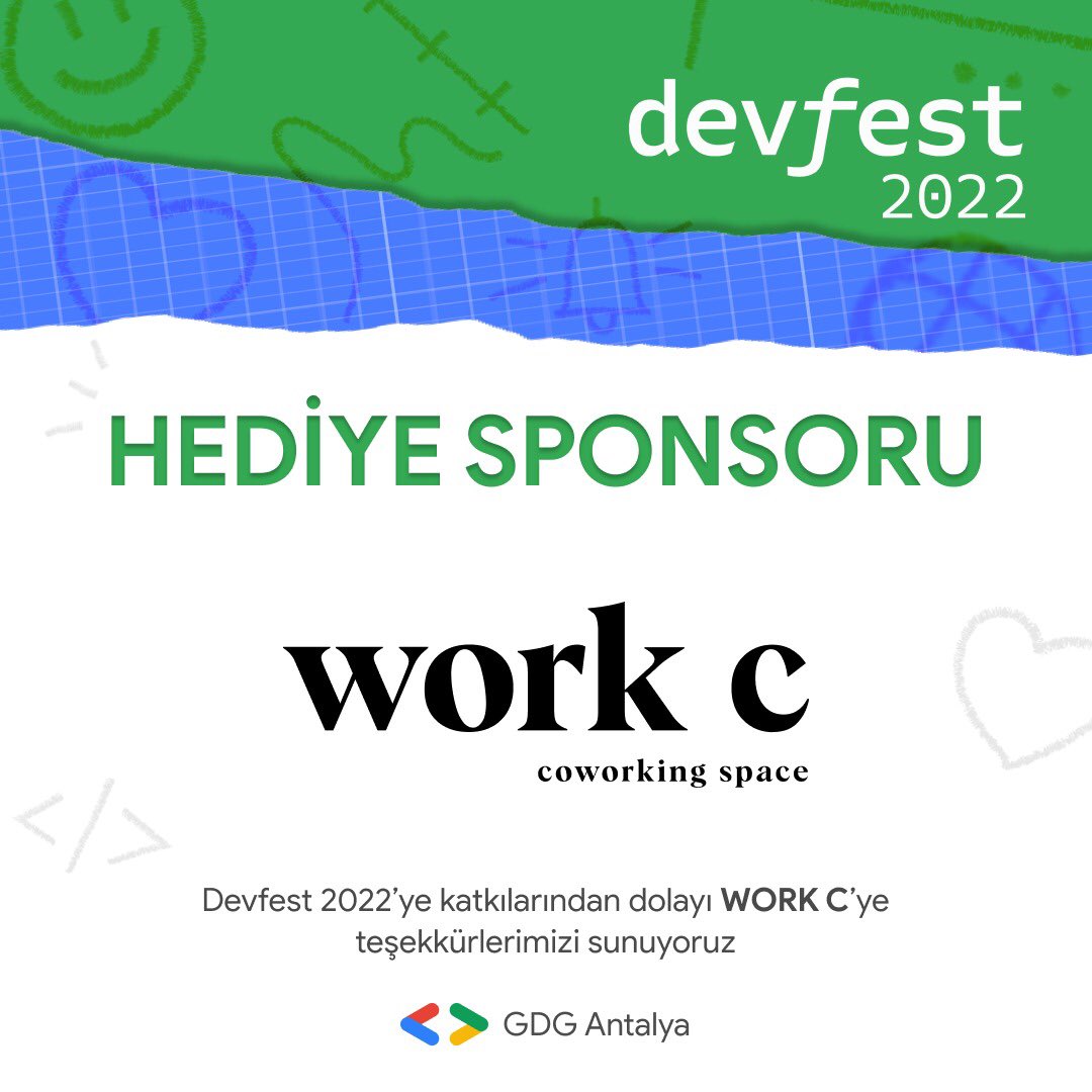 GDGAntalya's tweet photo. Devfest’22 Antalya’da bizleri yalnız bırakmayan bir diğer sponsorumuz Work C 💚✨ Destekleri için teşekkür ederiz 🌸
Etkinlik günü çekilişlerle ve oyunlarla kazanabileceğiniz hediyeler için takipte kalın 🤩🎁
#antalya #gdg #gdgantalya #google #workc #work #study #df22antalya https://t.co/nJfDqGdeCY