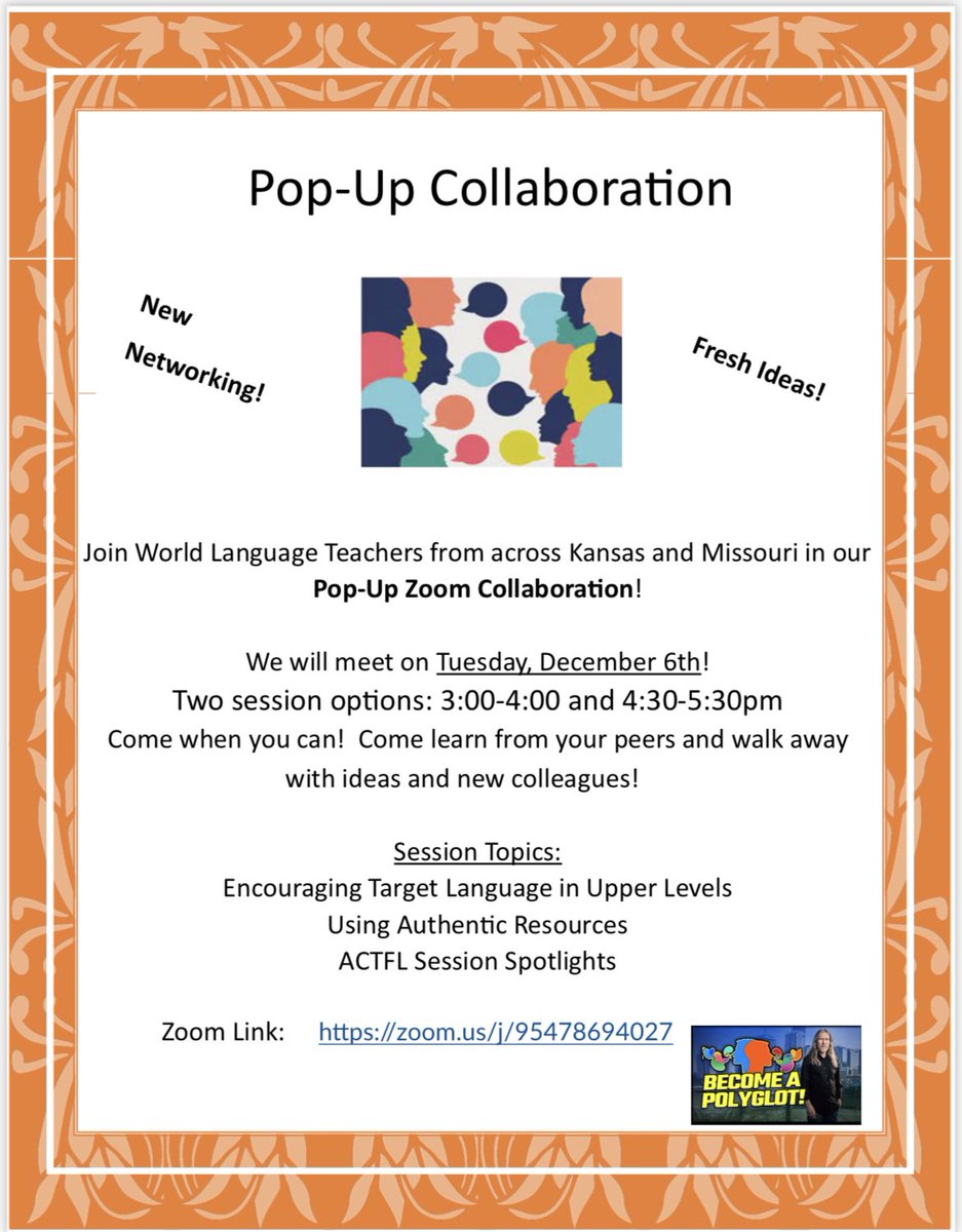Join us at our monthly Pop-up collaboration between #WL Ts
Our topics? 
✅ Use of TL in upper levels
✅ Authentic Resources
✅ <a href="/actfl/">ACTFL</a> Sessions Spotlight
Join us‼️ RT
<a href="/kstatespanish/">Kansas State Spanish</a> <a href="/dbosilevac1/">Diane Bosilevac</a> <a href="/KUSpanPort/">KU Spanish & Portuguese</a> <a href="/OlatheWl/">Olathe WL</a> <a href="/bvschools/">Blue Valley Schools</a> <a href="/theSMSD/">SM School District</a> <a href="/KS_FTA/">KS Future Teacher</a> <a href="/flam_mo/">FLAM</a> #kslangchat