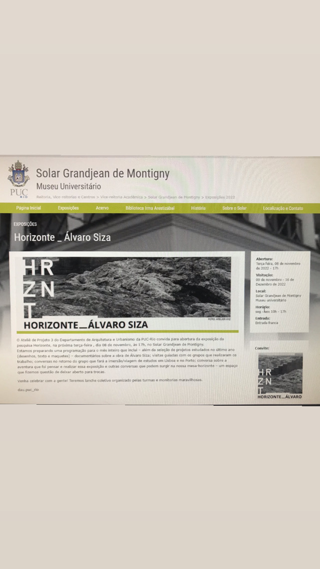 solargm_pucrio's tweet photo. A Exposição Horizonte_Álvaro Siza do Departamento de Arquitetura  estará no Solar até dia 16 de dezembro de 2022. Visite o Solar PUC-Rio a entrada é gratuita. https://t.co/n07Npx7dd2