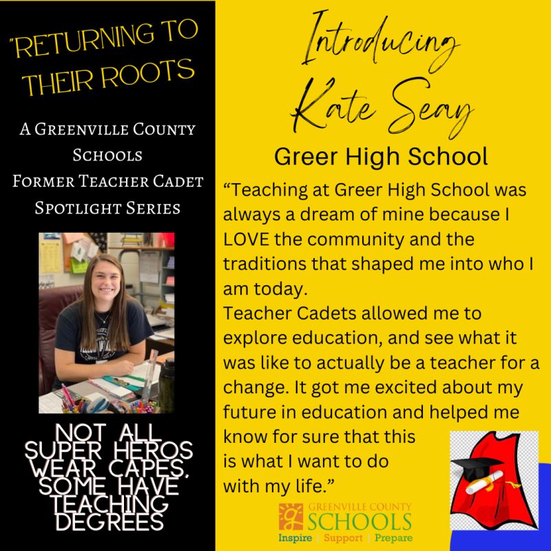 “Returning to their Roots” is a series celebrating former Teacher Cadets who are currently teaching in our school district. We are grateful that these former TCs decided to come home and give back to their communities! #TeachGCS #yeahTHATgreenville