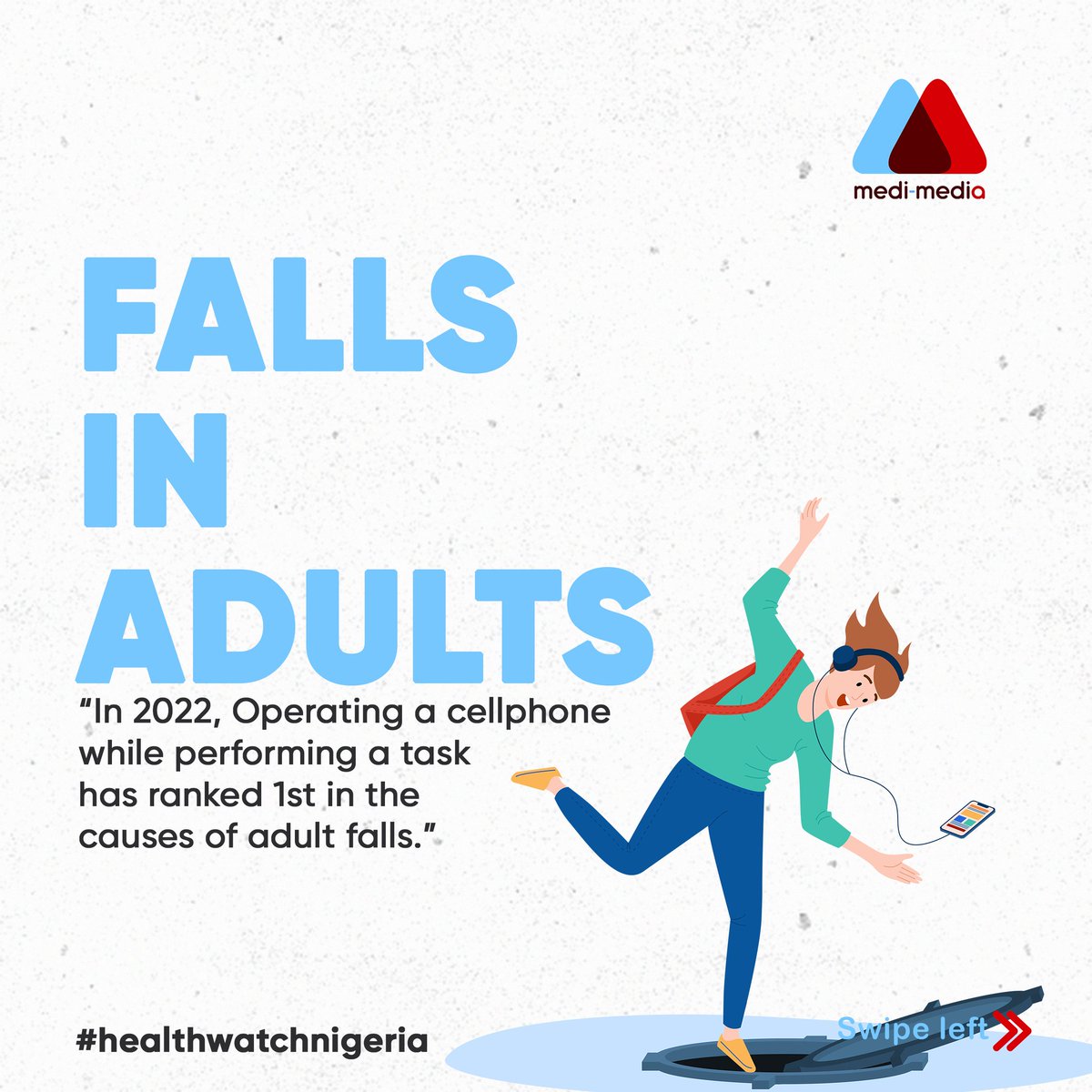 MediMediaNG's tweet photo. Each year, about 3 million Adults are treated in emergency departments for a fall injury. One out of every five falls causes an injury, such as broken bones or a head injury.
#medimedia #healthforall #doctorsforchange #medicine #healthwatchnigeria #health #doctors #africa #change https://t.co/LzxtAro29F