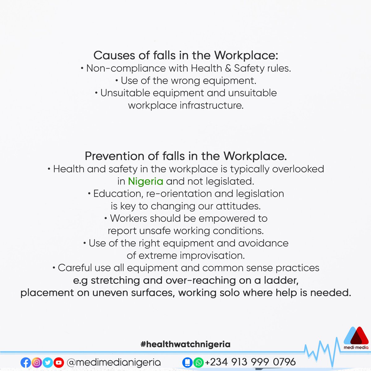 MediMediaNG's tweet photo. Each year, about 3 million Adults are treated in emergency departments for a fall injury. One out of every five falls causes an injury, such as broken bones or a head injury.
#medimedia #healthforall #doctorsforchange #medicine #healthwatchnigeria #health #doctors #africa #change https://t.co/LzxtAro29F