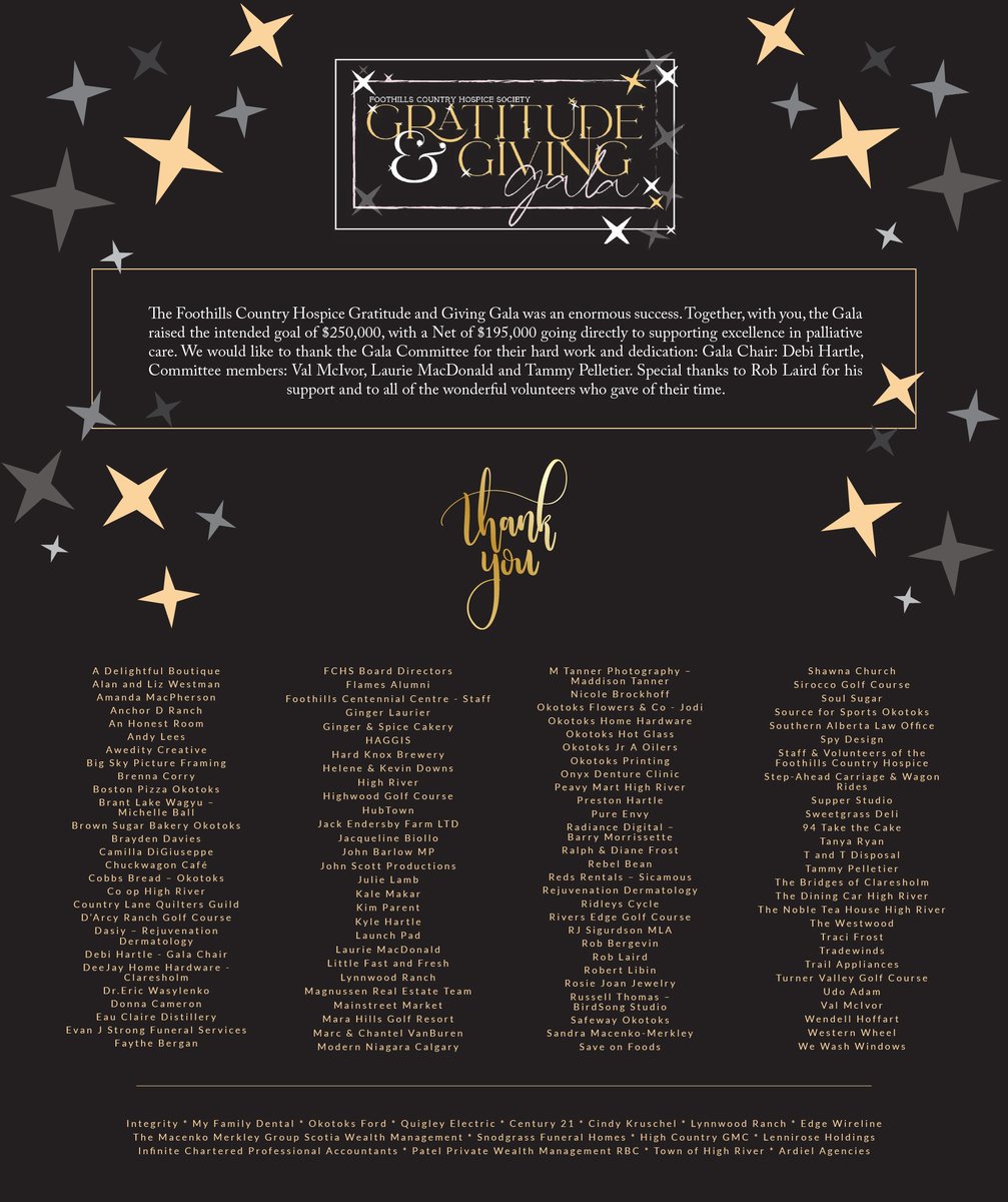 CountryHospice's tweet photo. The Foothills Country Hospice Gratitude and Giving Gala was an enormous success! Your generosity has a profound impact on our residents and their loved ones during their palliative care journey. #ThankYou 

Visit https://t.co/1kjTh6t8O9 to view our incredible supporters. https://t.co/mzllZLpH3t