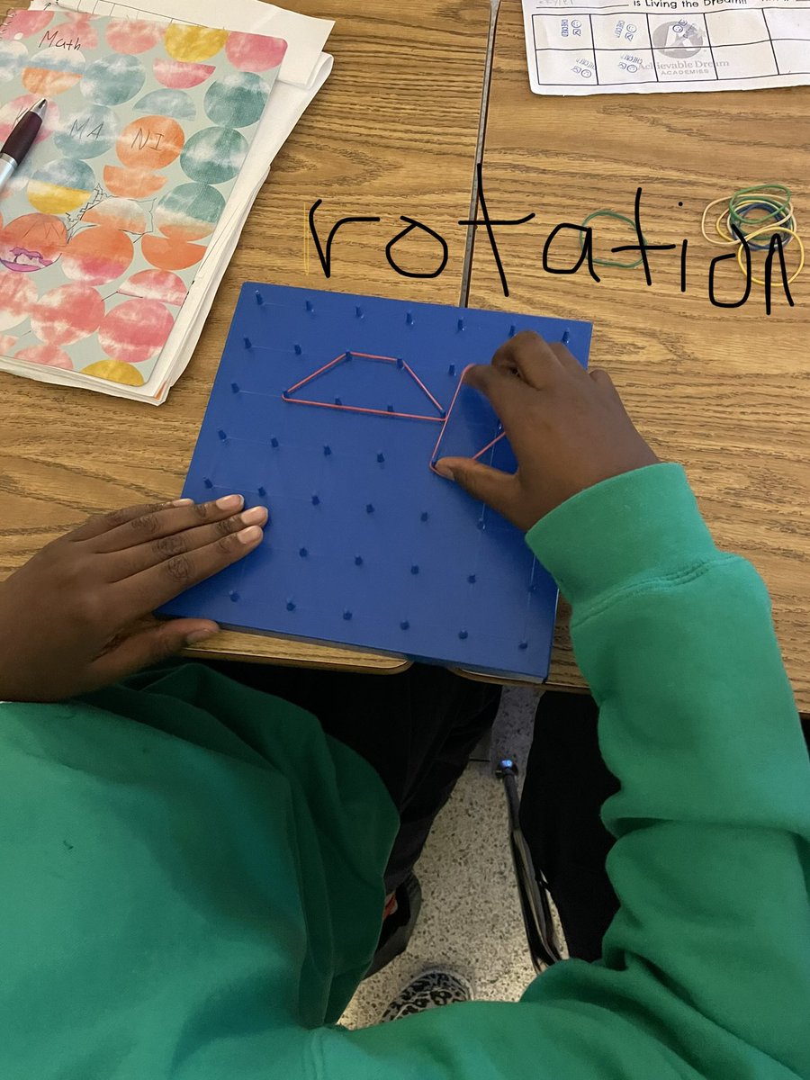 JessDCunningham's tweet photo. Geometric math work to practice transformations in #grade5 @SeatackDream #geoboards #domath https://t.co/68rY5nVrch