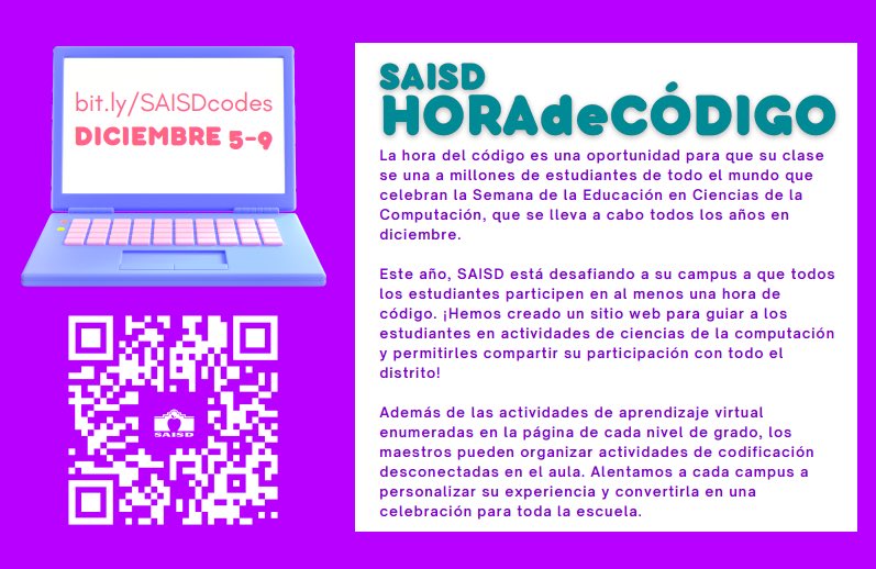 Hour of Code is next week! @saisd teachers, check out our website with engaging computer science activities. And… your school could win a $500 grant! bit.ly/SAISDcodes 
#saisdfamilia #HourOfCode #saisdproud
