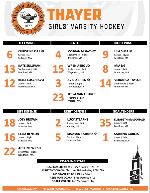 Thayer Athletics on Twitter "Here is how the Girls' Varsity Hockey