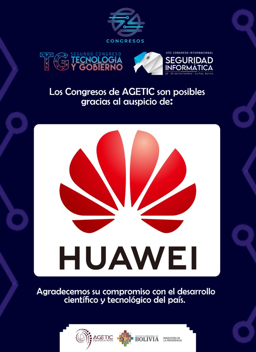AgeticBolivia's tweet photo. ✅ El 4to Congreso Internacional de Seguridad Informática y el 2do Congreso de Tecnología y Gobierno, organizado por la AGETIC, contó con el auspicio de Entel S.A., Boliviana de Aviación, Huawei y Cisco Secure, a quienes agradecemos por el apoyo brindado 💯👌.

#CIDSI #TG 2022 https://t.co/oGHYx5N2A9