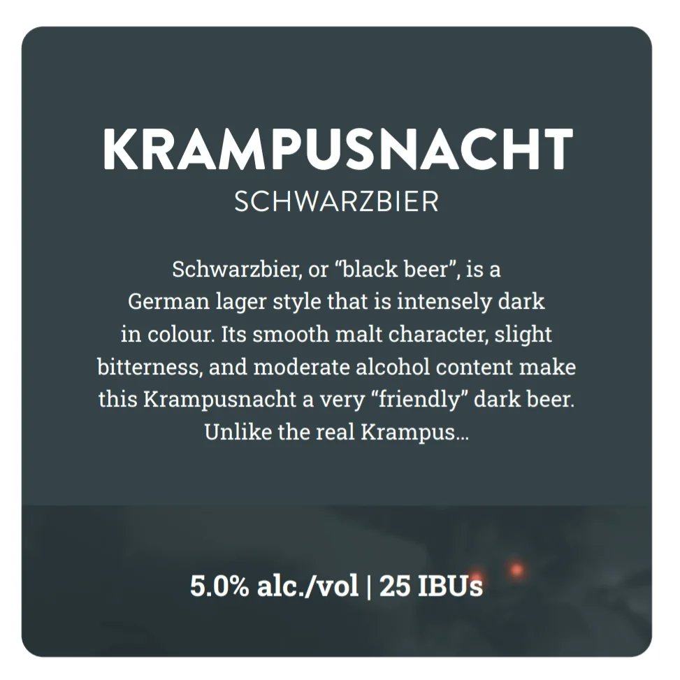 Krampus have come to Carleton Place a little early this year! Our Krampusnacht Schwarzbier is back on tap at both locations now and cans will be available this weekend. Stop by the taproom or <a href="/BraumeisterHall/">Braumeister Bierhalle</a> to experience a friendlier version of Krampus! Prost!